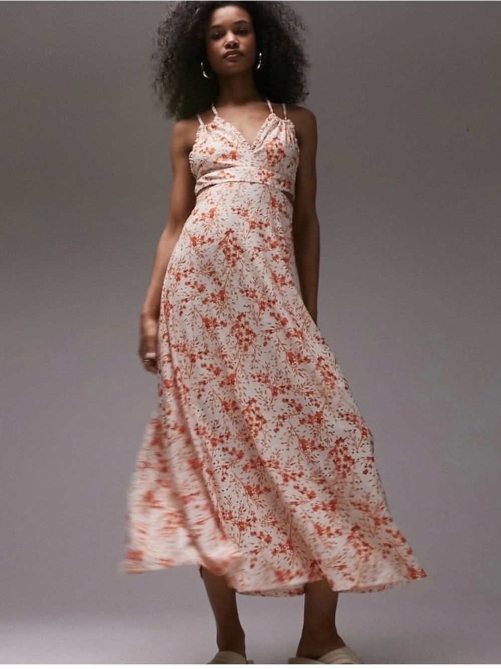 Topshop eyelet Ivory Maxi Dress with Rust Floral Print